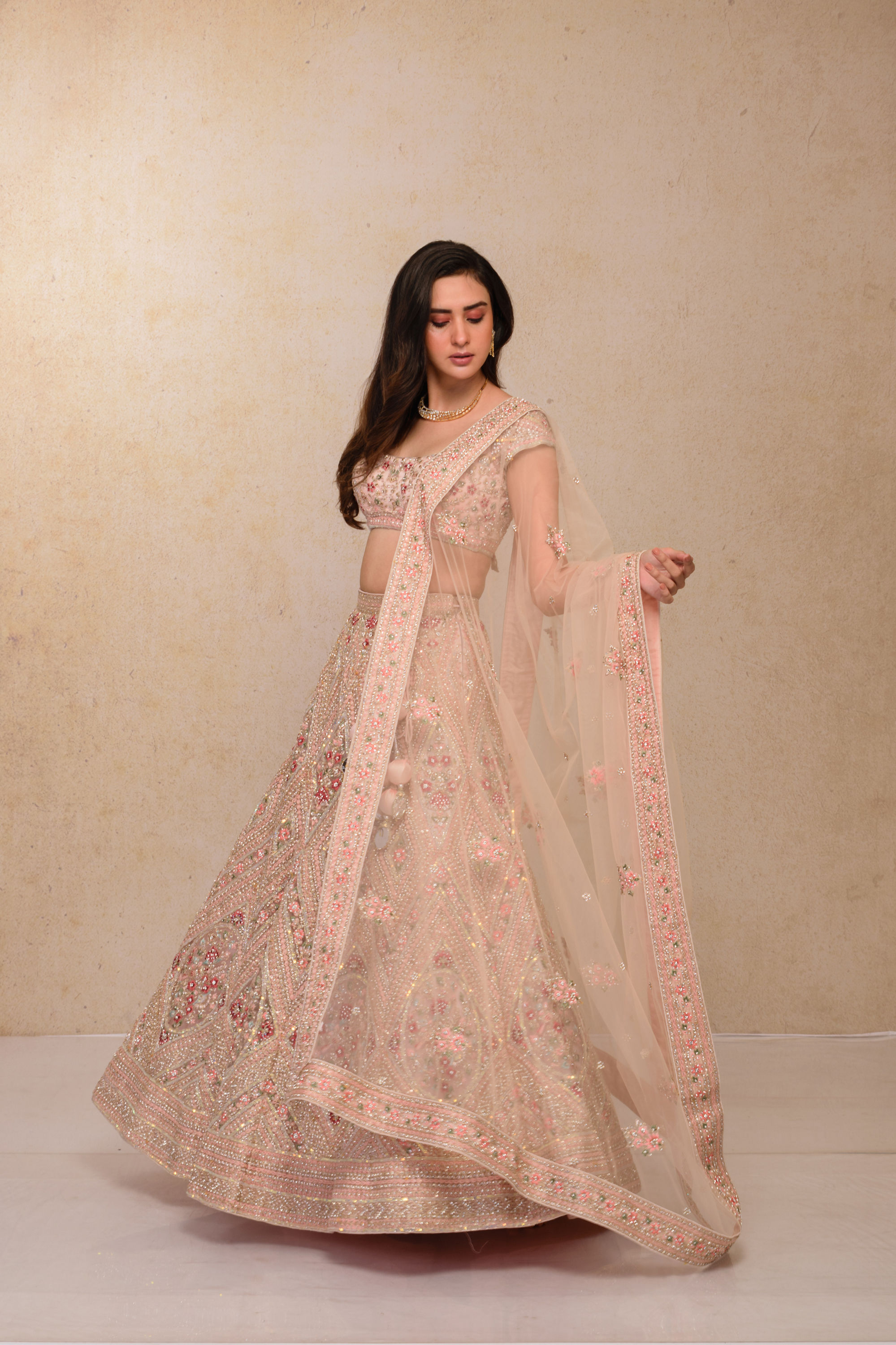 Mohey Women Blush Pink Embellished Bridal Lehenga