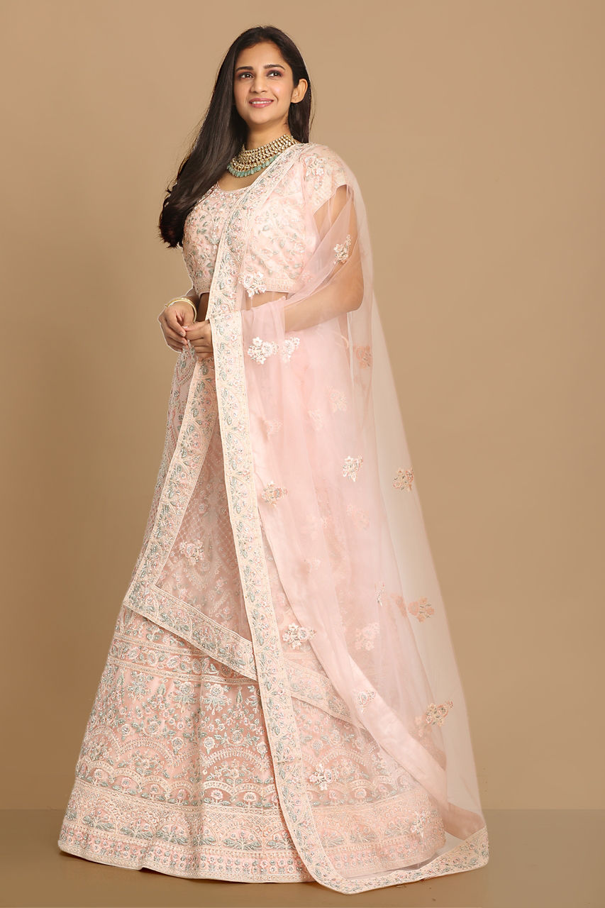 Mohey Women Detailed Pink Bridal Lehenga