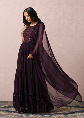 alt message - Mohey Women Wine Mirror Gown With Dupatta image number 2