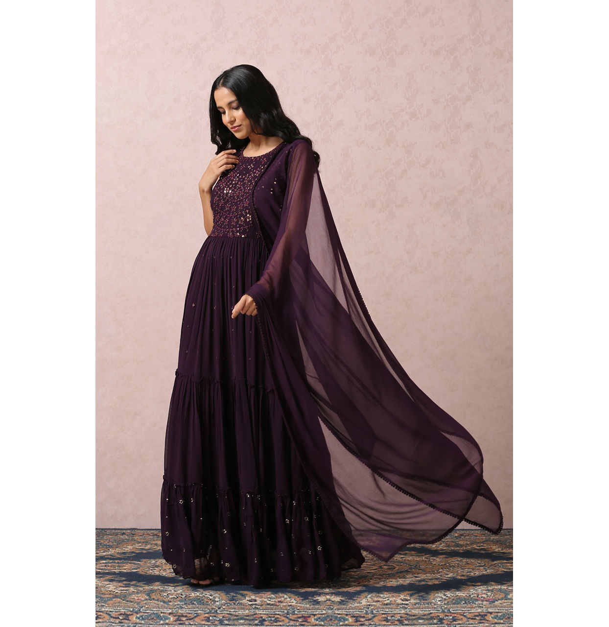 alt message - Mohey Women Wine Mirror Gown With Dupatta image number 2