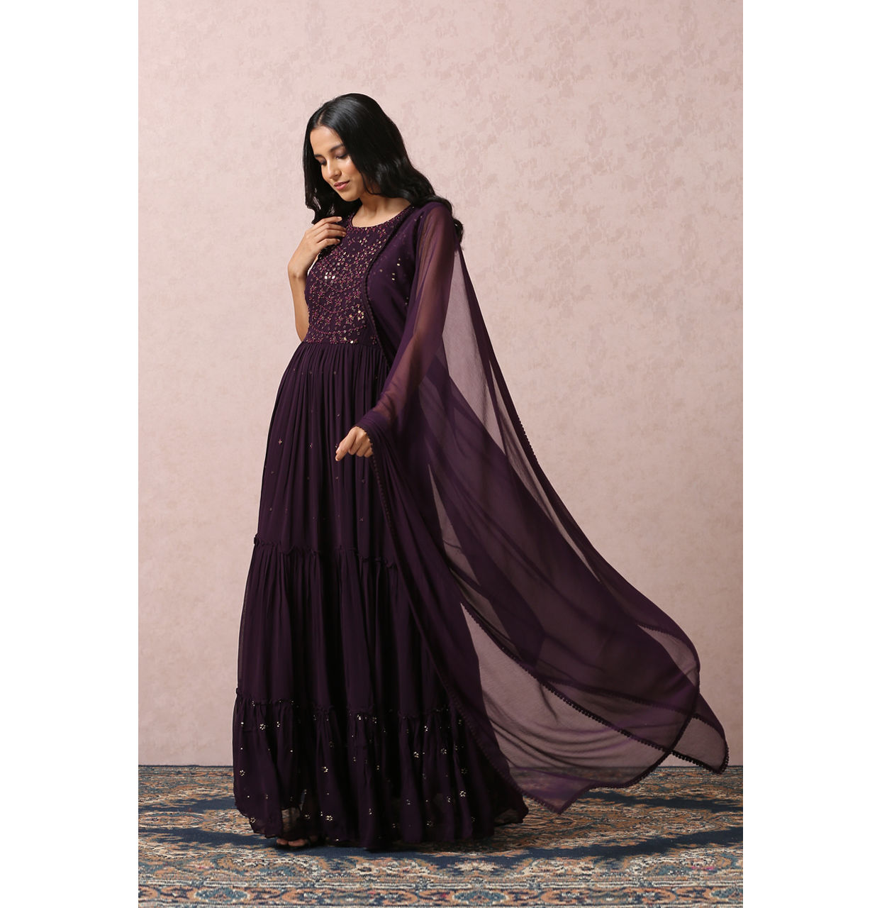 Mohey Women Wine Mirror Gown With Dupatta