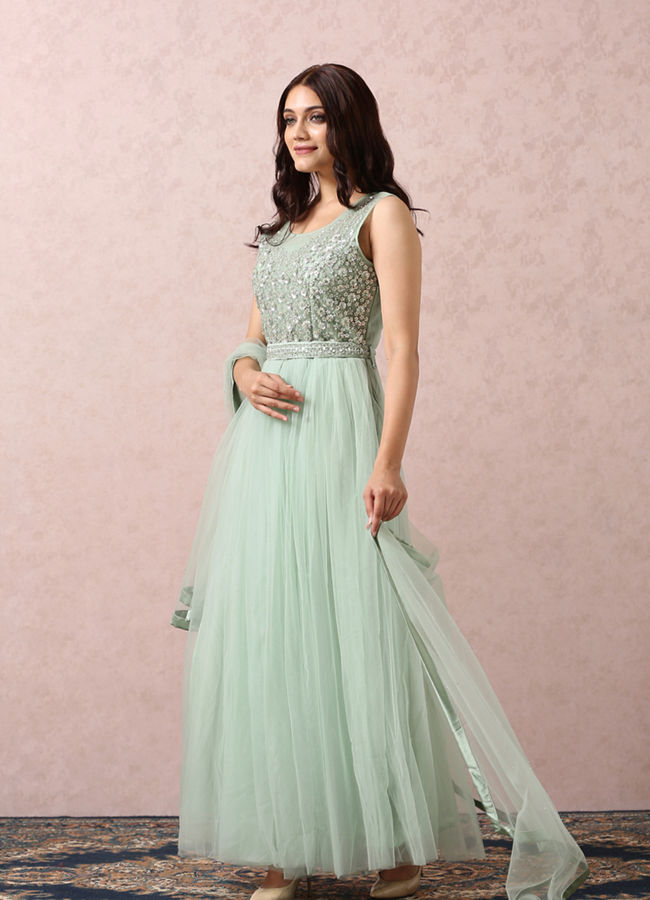 Buy Pista Green Embellished Gown With Dupatta Online in the USA Mohey Indo Western for Women