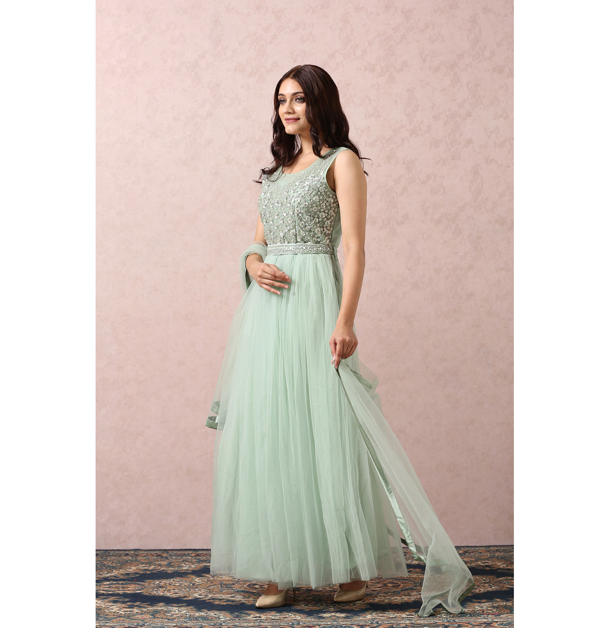 Mohey Women Pista Green Embellished Gown With Dupatta