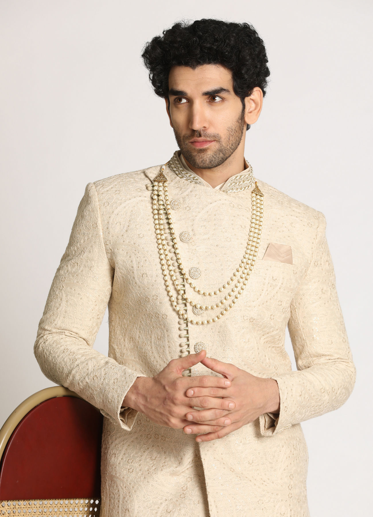 Manyavar Men Light Grey Paisley Indo Western