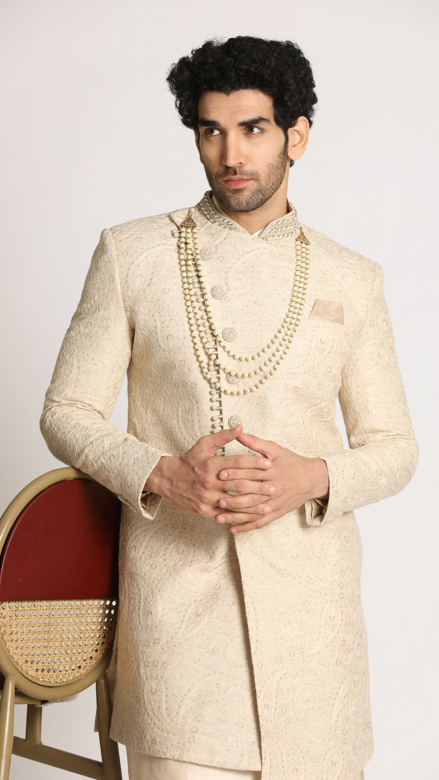 Manyavar Men Light Grey Paisley Indo Western