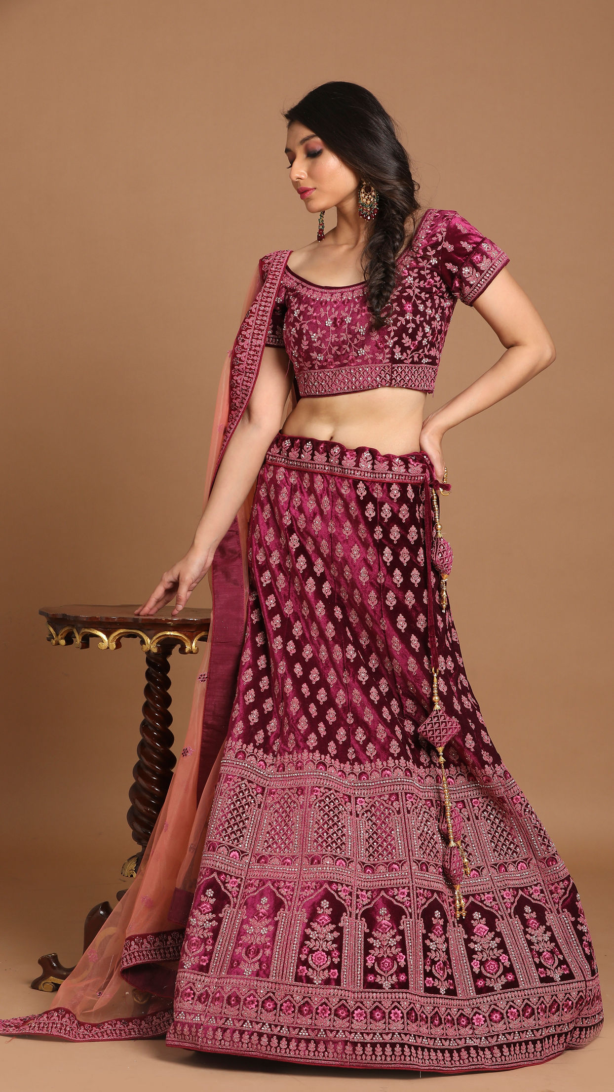 Mohey Women Wine Red Velvet Bridal Lehenga