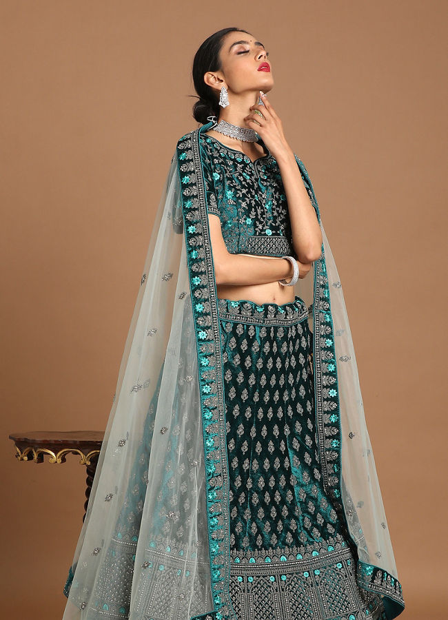 Mohey Women Sea Green Velvet Bridal Lehenga