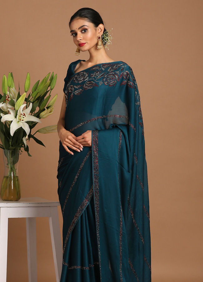 Mohey Women Bold Blue Chiffon Saree