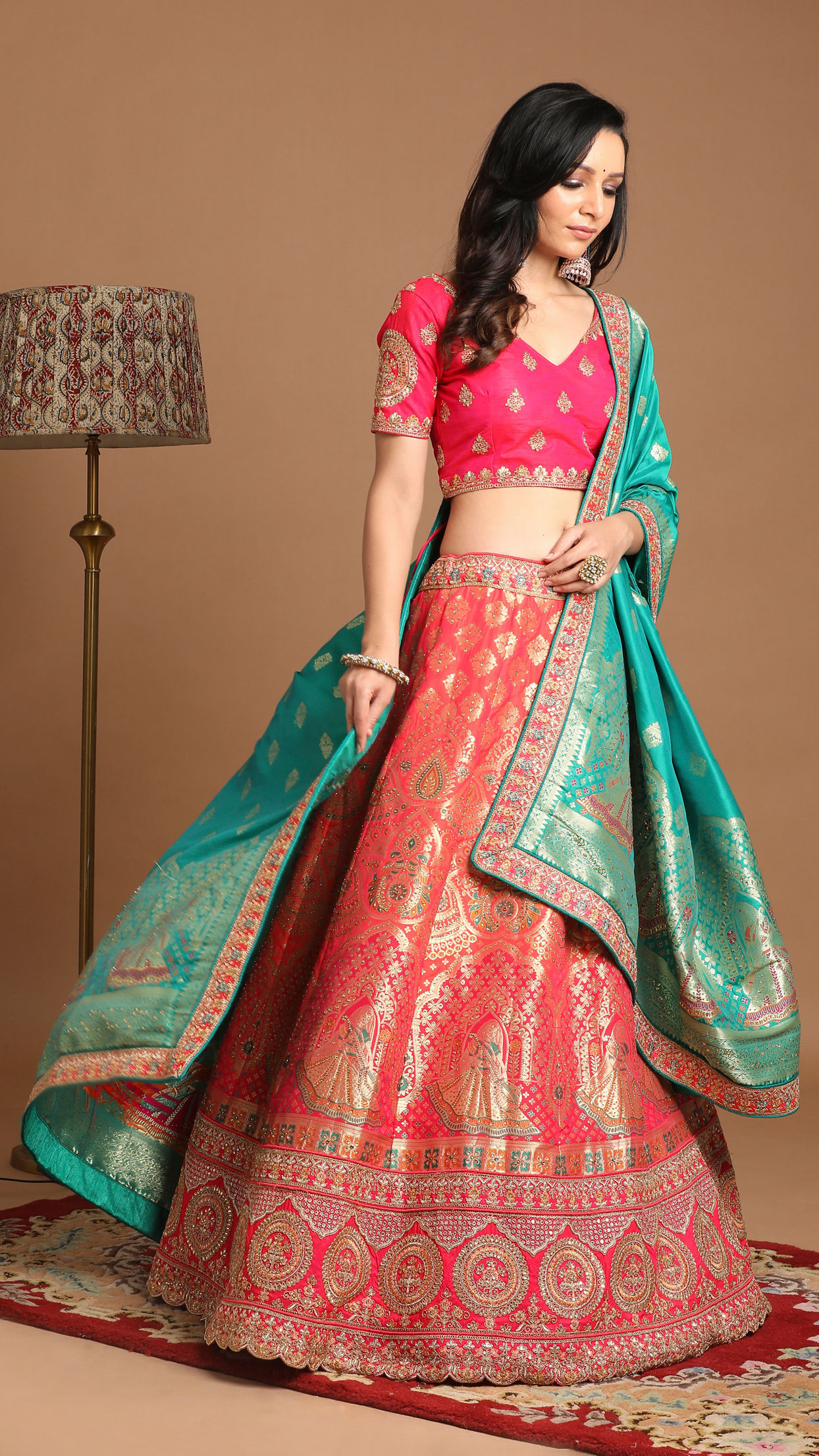 Mohey Women Rani Pink Benarasi Lehenga With Blue Dupatta