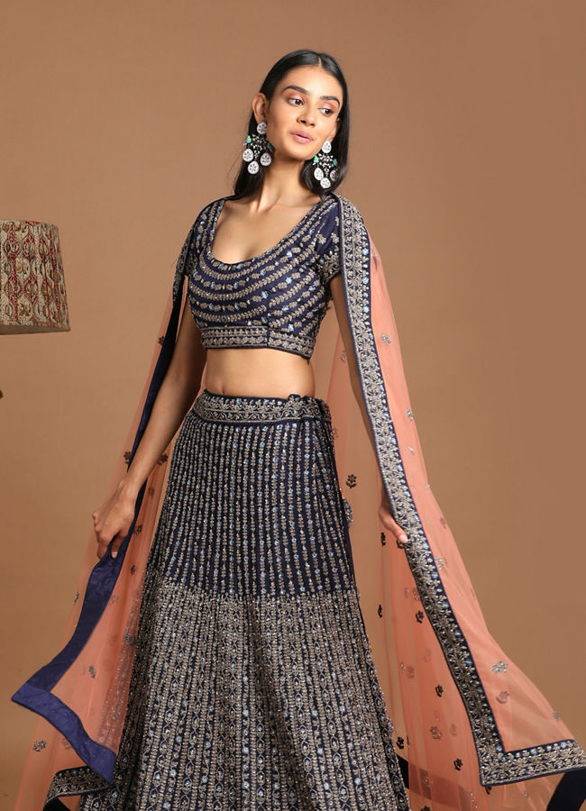 Mohey Women Chiffon Indigo Blue Lehenga