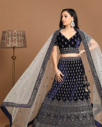 Mohey Women Velvet Indigo Blue Bridal Lehenga