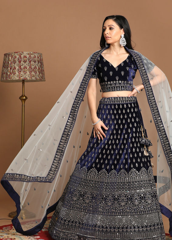 Mohey Women Velvet Indigo Blue Bridal Lehenga