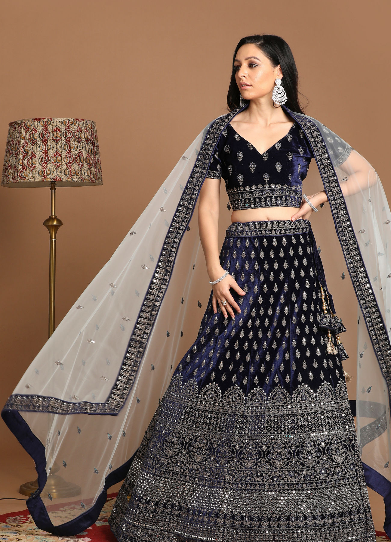 Mohey Women Velvet Indigo Blue Bridal Lehenga