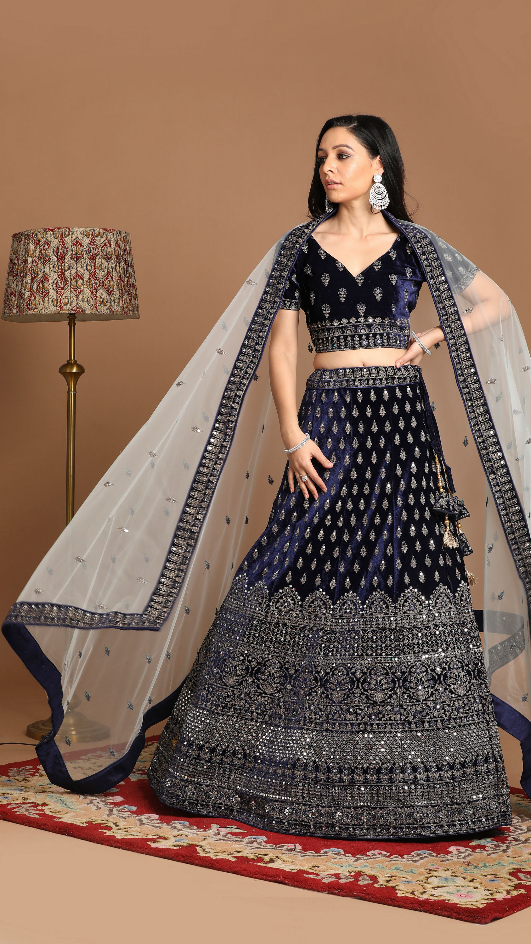 Mohey Women Velvet Indigo Blue Bridal Lehenga