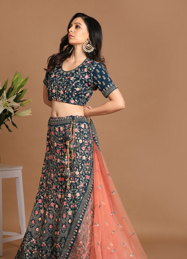 Mohey Women Teal Blue Embroidered Lehenga with Floral Motif