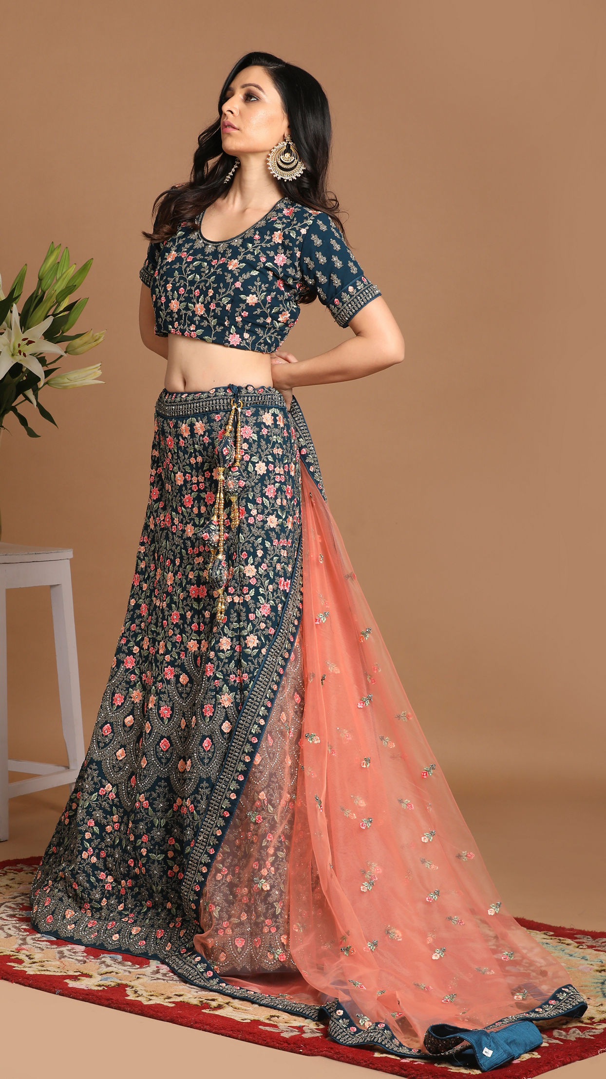 Teal Blue Embroidered Lehenga with Floral Motif image number 2