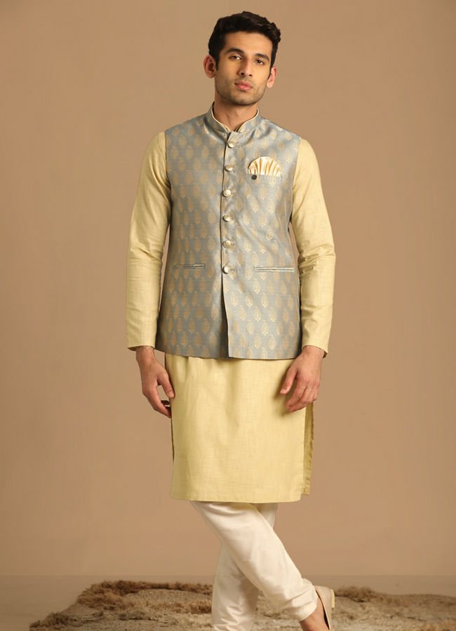 alt message - Manyavar Men Grey Jacket With Golden Motifs image number 1