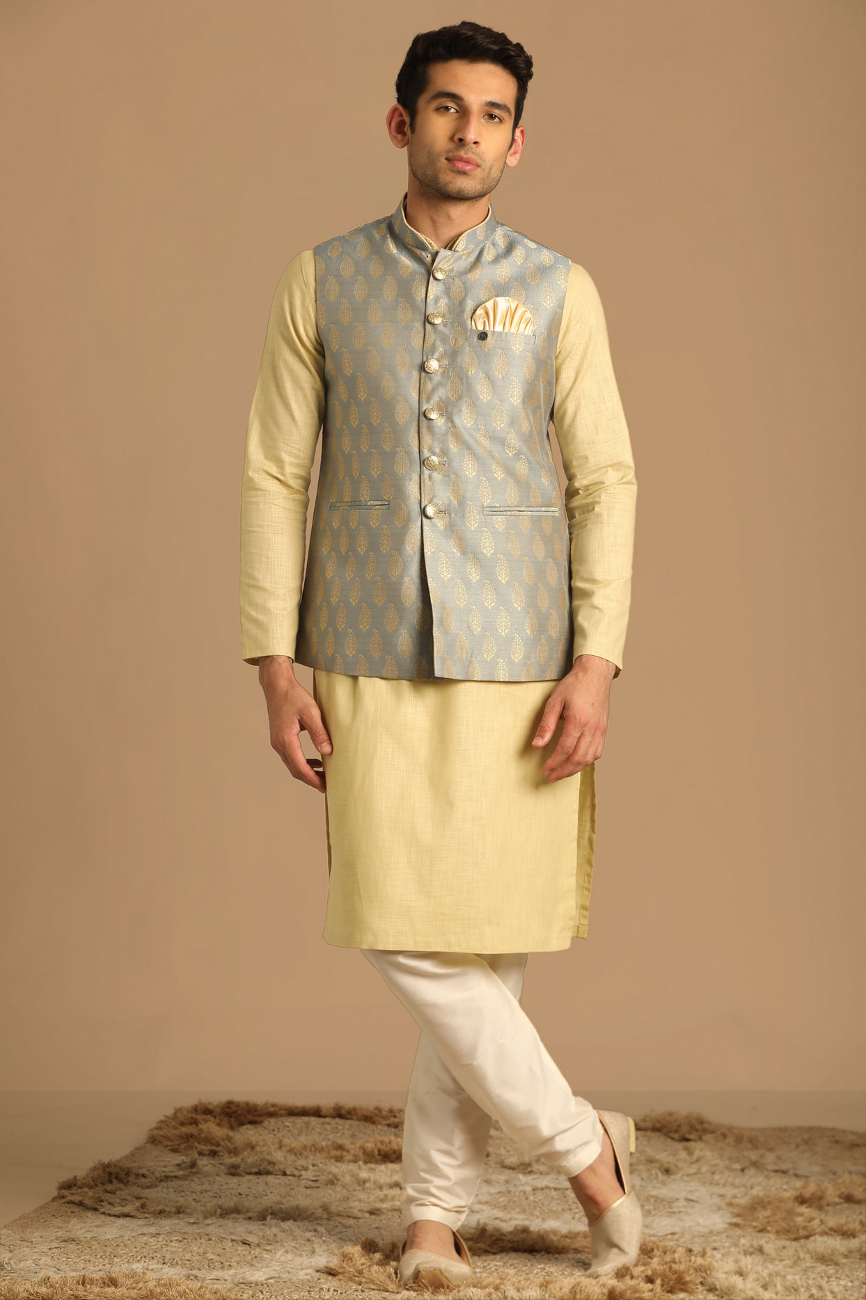 alt message - Manyavar Men Grey Jacket With Golden Motifs image number 1