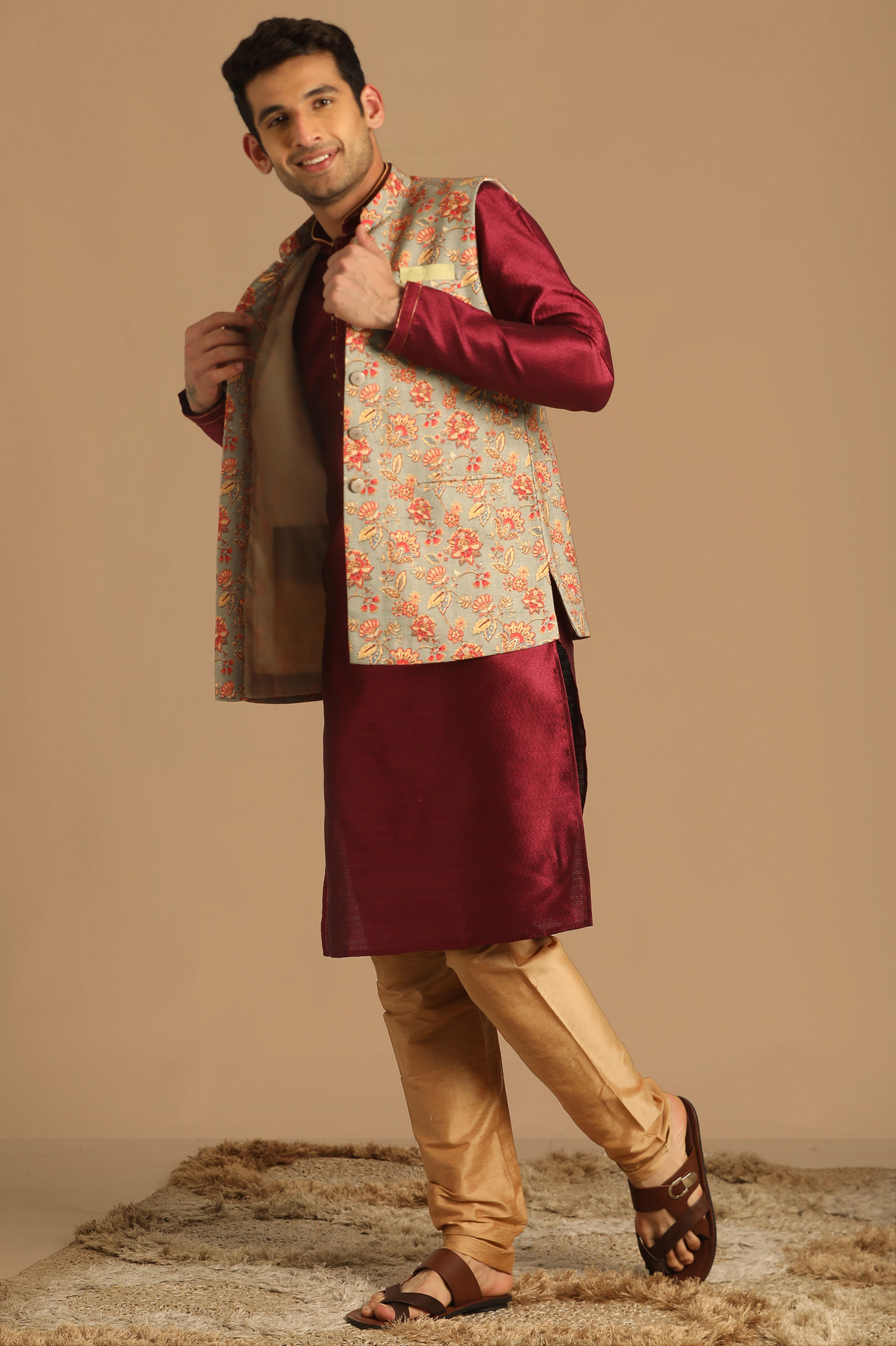 Manyavar Men Grey Jacket With Multicolor Floral Prints