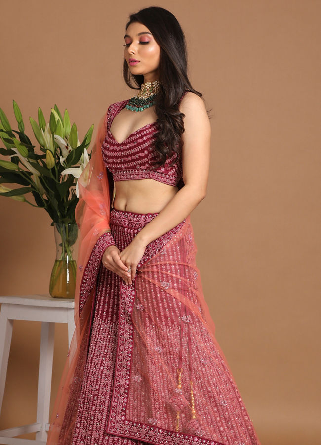 Mohey Women Chiffon Wine Red Lehenga