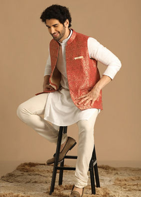 alt message - Manyavar Men Rust Self Design Jacket image number 1