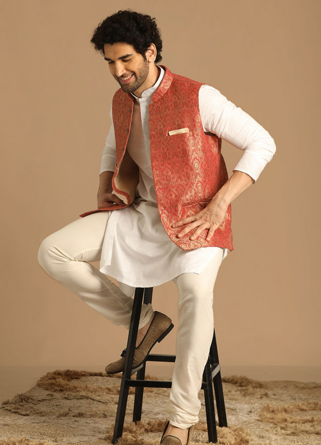 Manyavar Men Rust Self Design Jacket