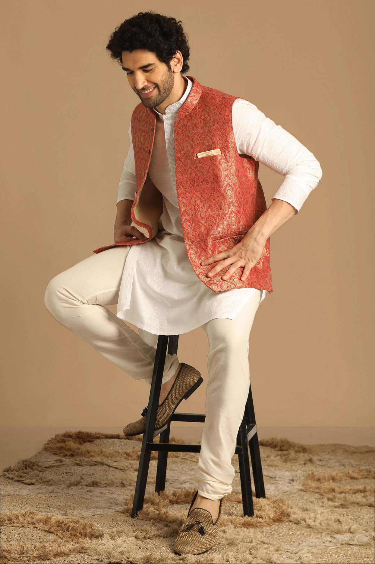 Manyavar Men Rust Self Design Jacket
