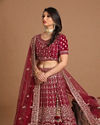 alt message - Mohey Women Velvet Wine Red Lehenga image number 1