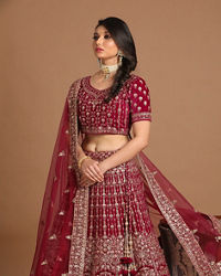 Mohey Women Velvet Wine Red Bridal Lehenga