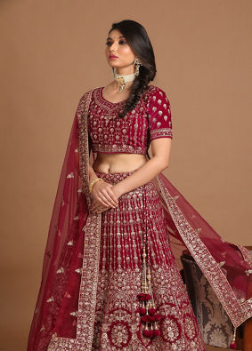 Mohey Women Velvet Wine Red Bridal Lehenga image number 1