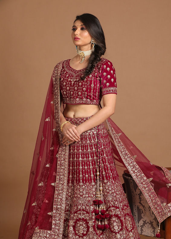 Mohey Women Velvet Wine Red Bridal Lehenga