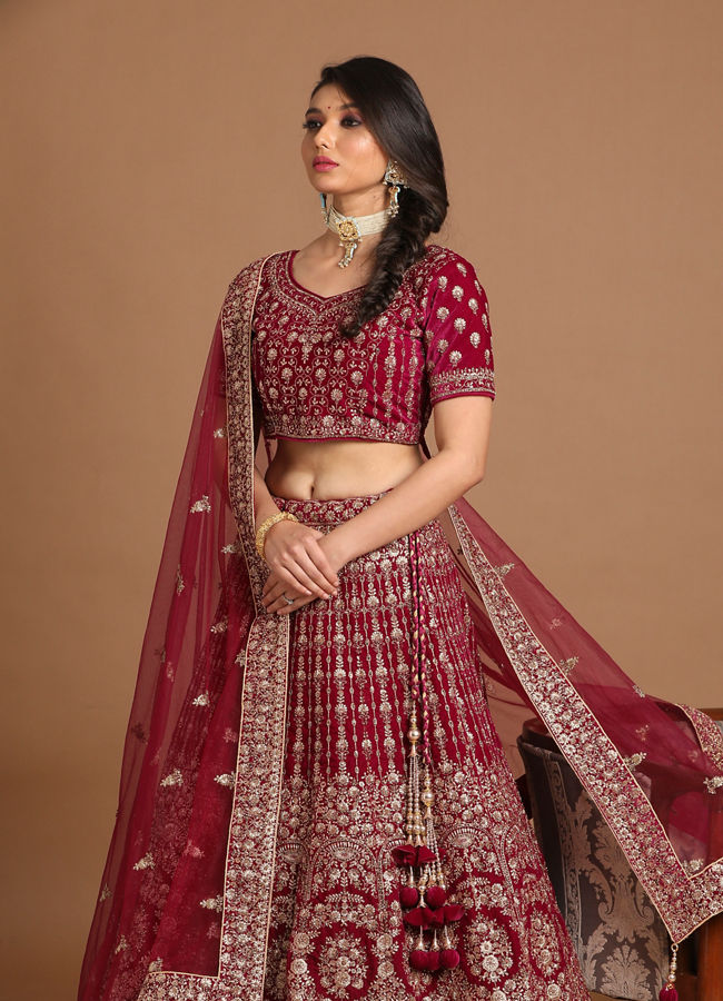 alt message - Mohey Women Velvet Wine Red Lehenga image number 1