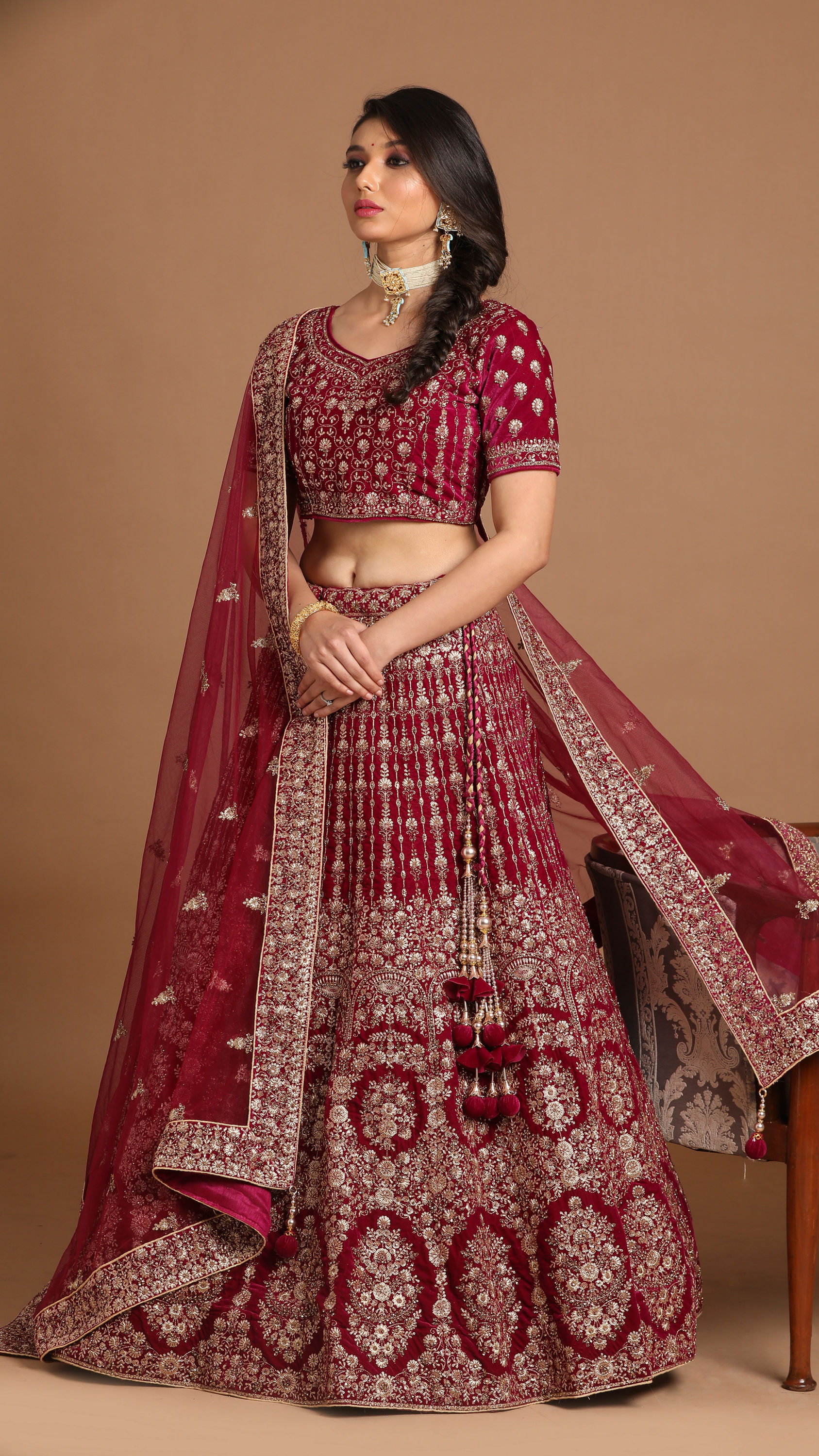 Mohey Women Velvet Wine Red Bridal Lehenga