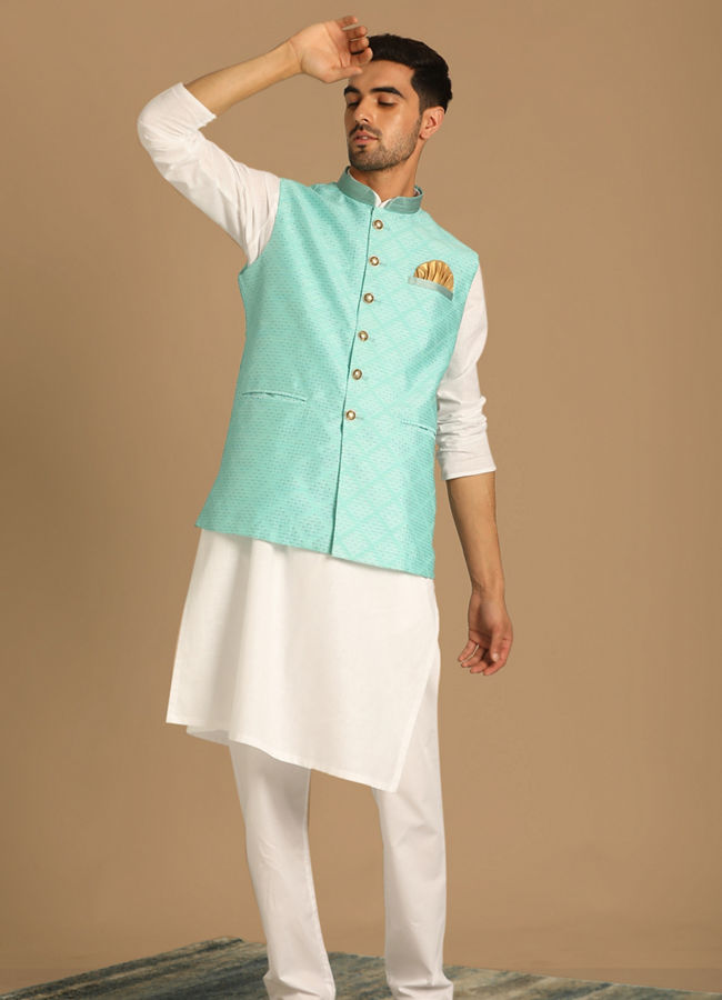 Manyavar Men Fashionable Green Jacket image number 1