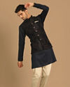 alt message - Manyavar Men Short-Fit Blue Kurta Jacket Set image number 1