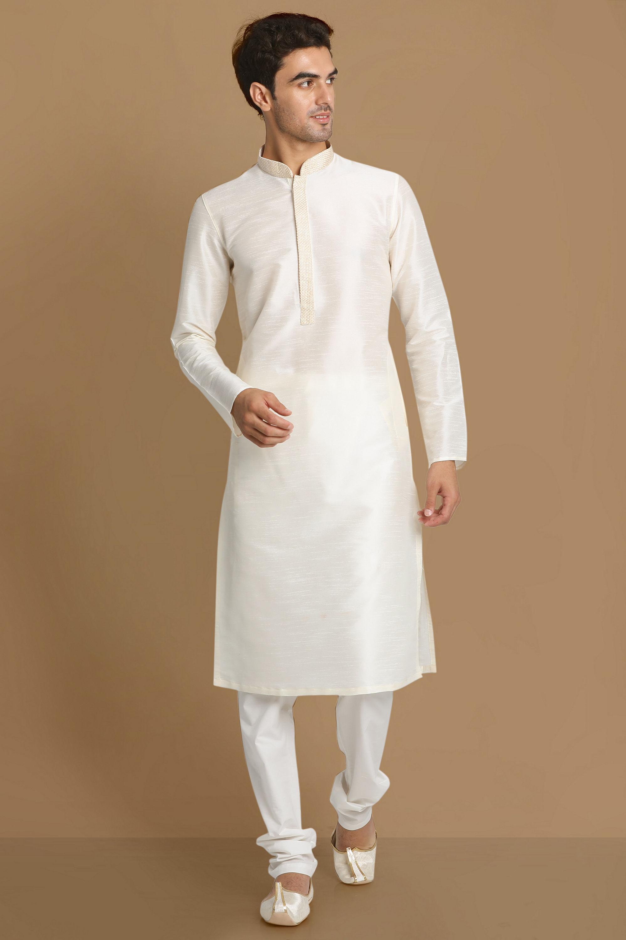 Manyavar Men Ivory White Plain Kurta