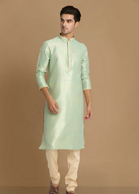 alt message - Manyavar Men Light Green Jacquard Kurta Set image number 1