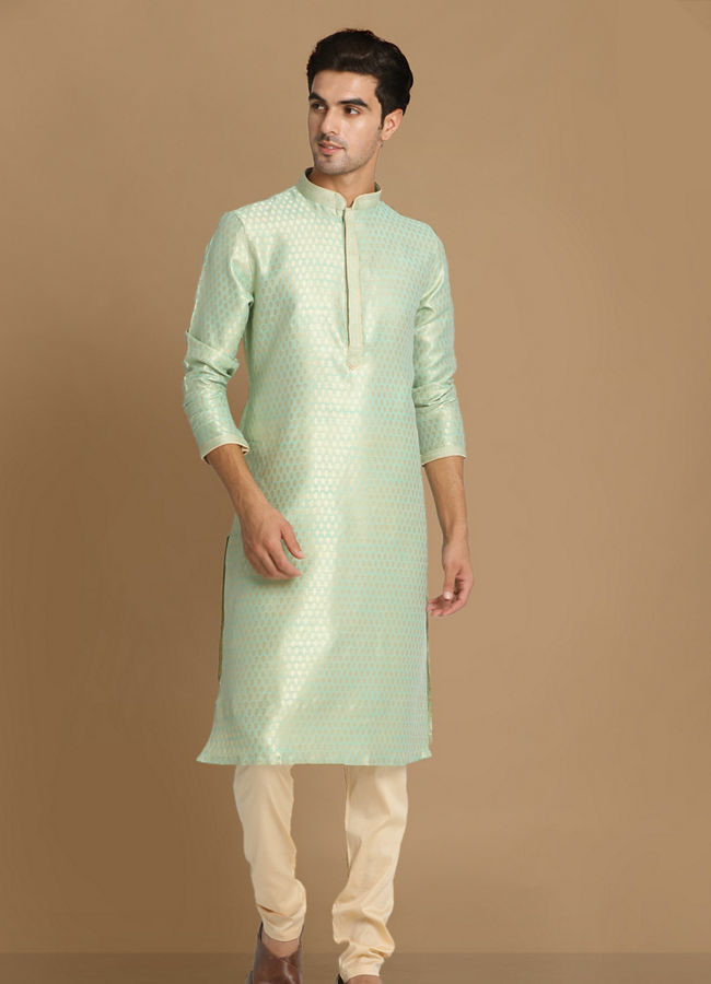 alt message - Manyavar Men Light Green Jacquard Kurta Set image number 1