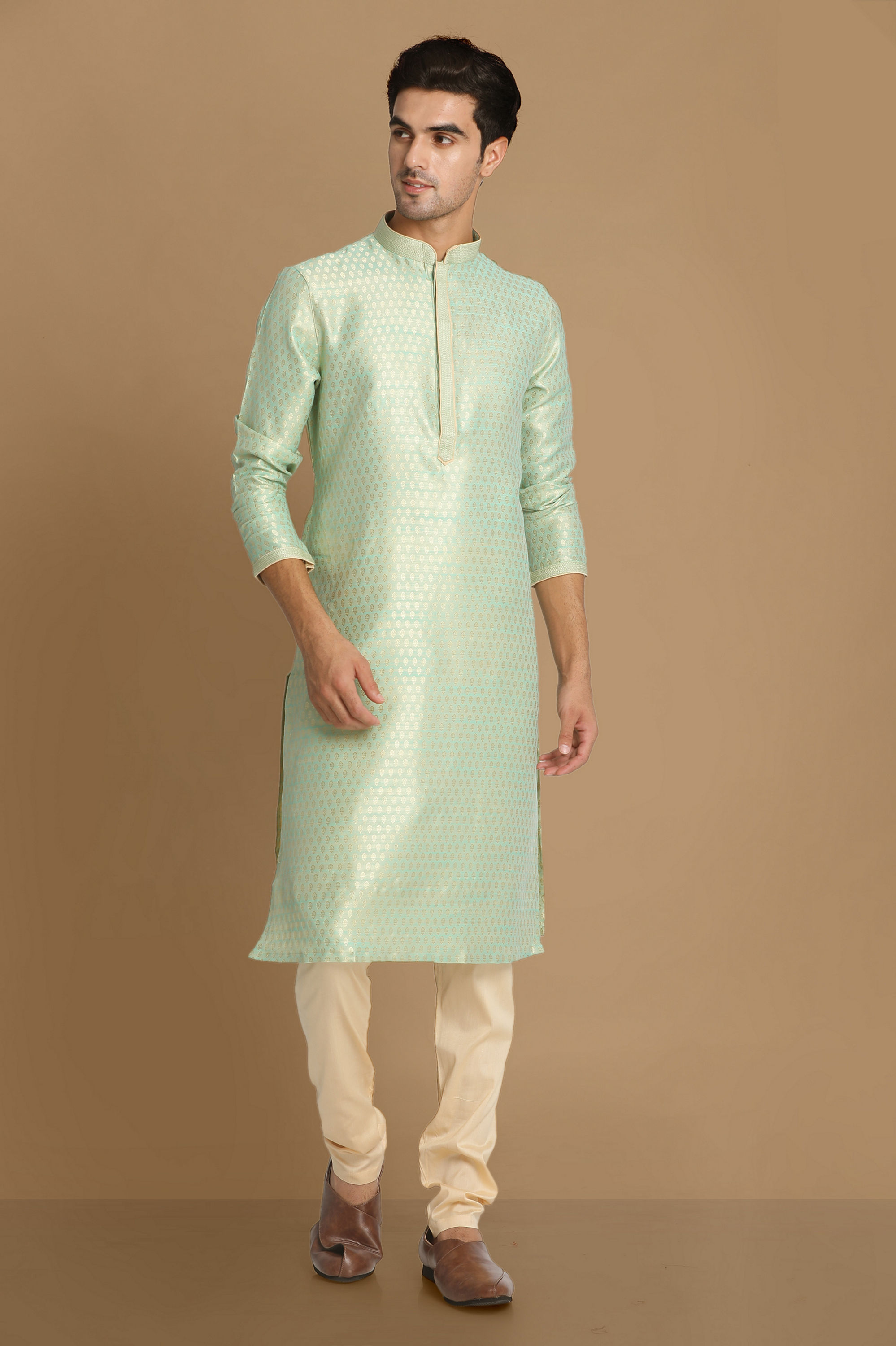 Manyavar Men Light Green Jacquard Kurta Set