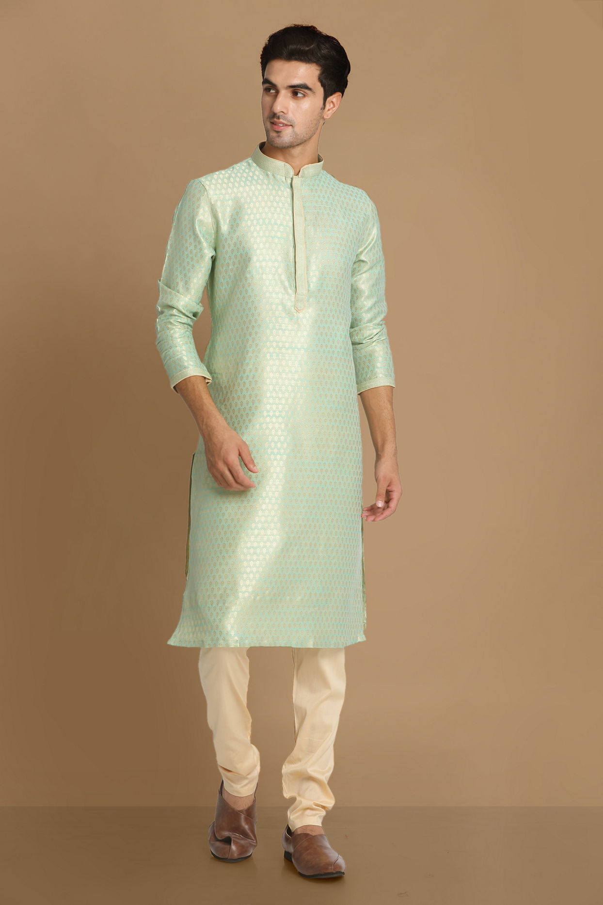 alt message - Manyavar Men Light Green Jacquard Kurta Set image number 1