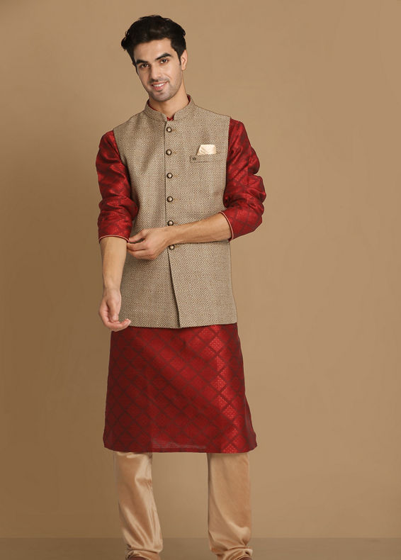 Manyavar Men Bold Brown Waist Coat