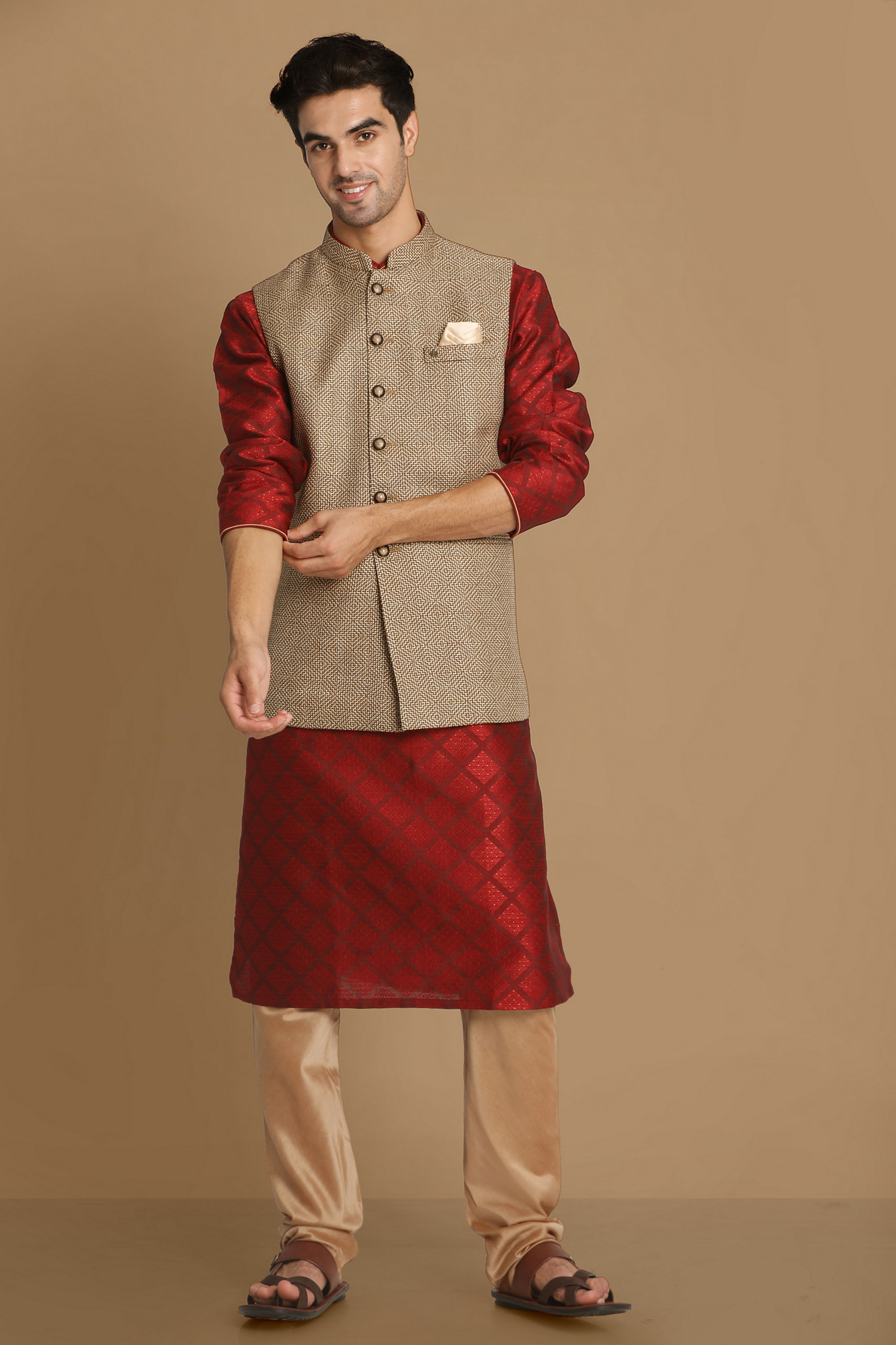 Manyavar Men Bold Brown Waist Coat