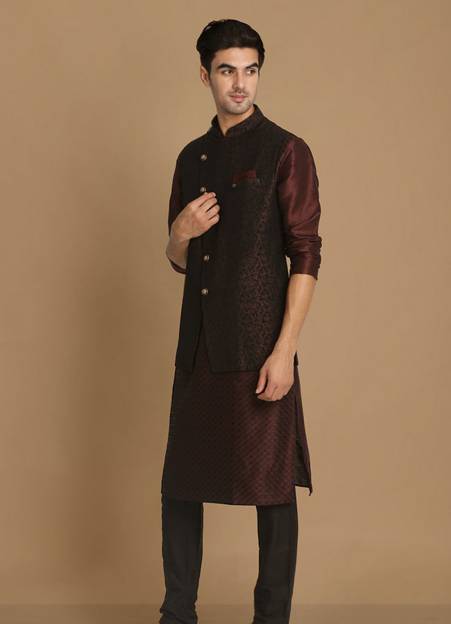 alt message - Manyavar Men Fabulous Wine Waist Coat image number 1