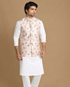 alt message - Manyavar Men Beige Jacket With Pink Floral Motifs image number 1