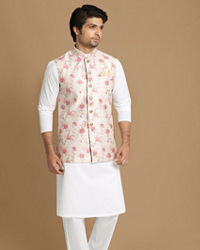 Manyavar Men Beige Jacket With Pink Floral Motifs