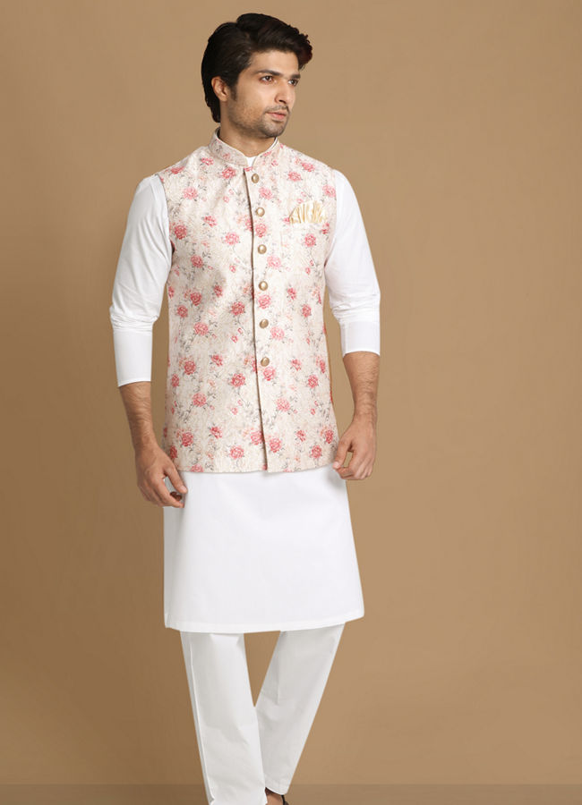 alt message - Manyavar Men Beige Jacket With Pink Floral Motifs image number 1