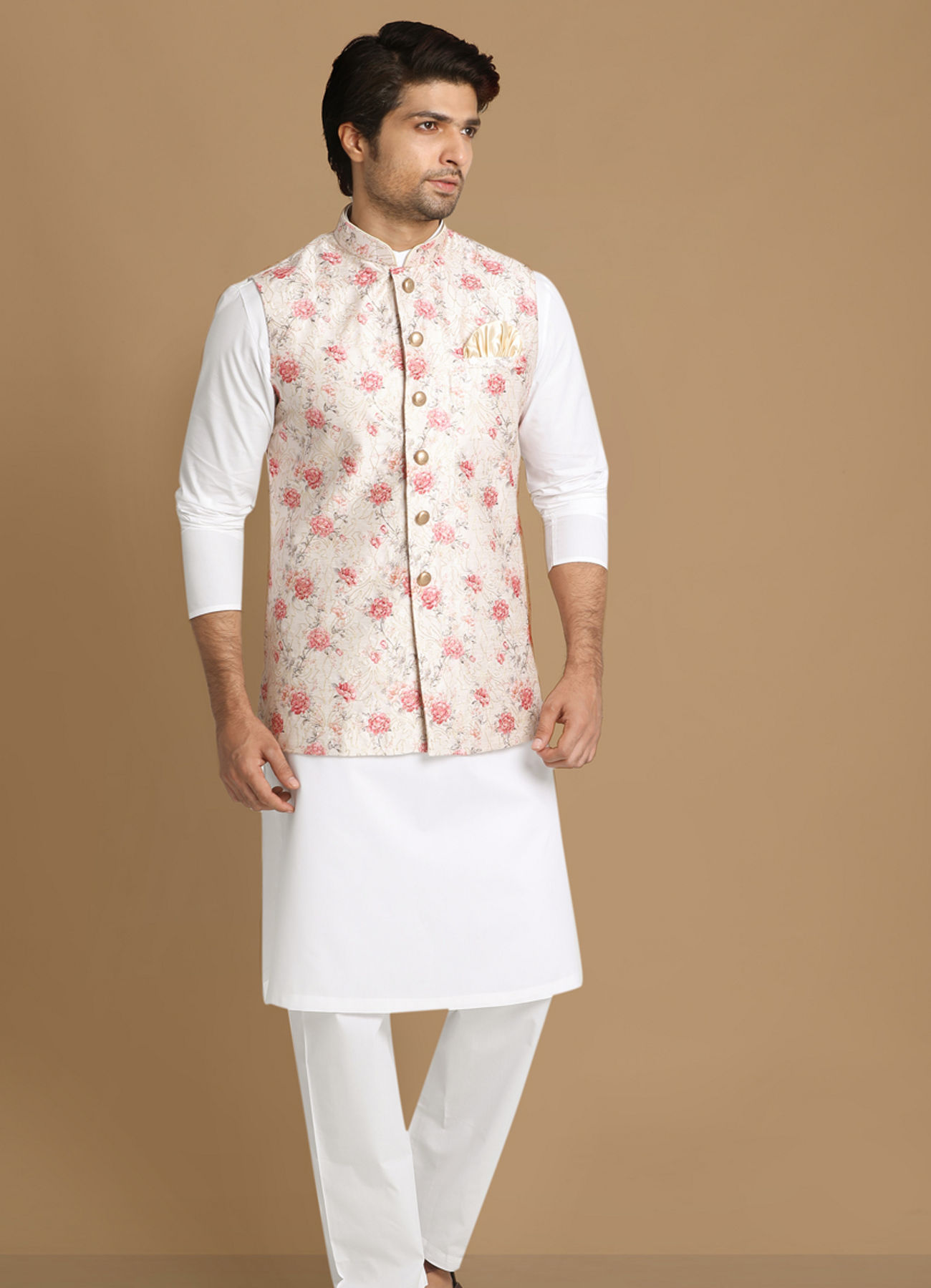 Manyavar Men Beige Jacket With Pink Floral Motifs