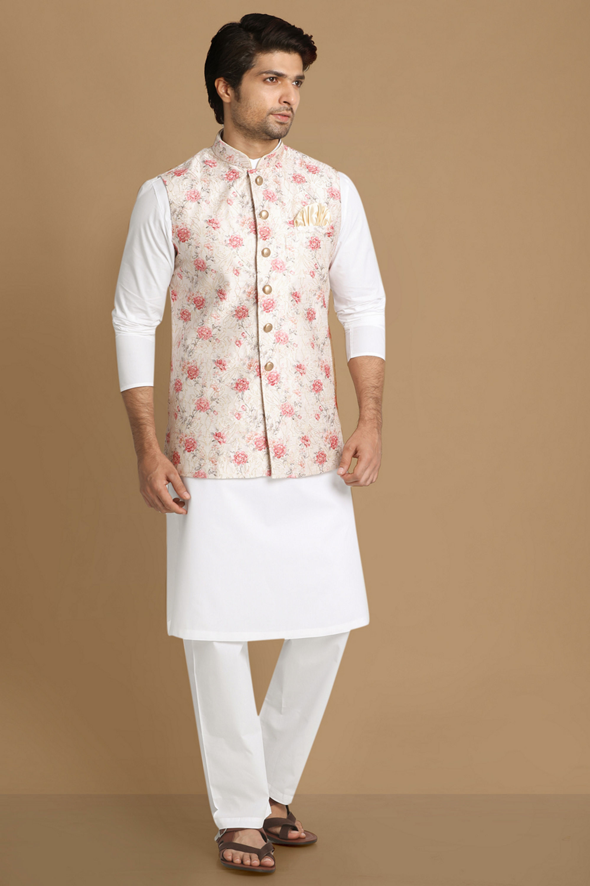 Manyavar Men Beige Jacket With Pink Floral Motifs