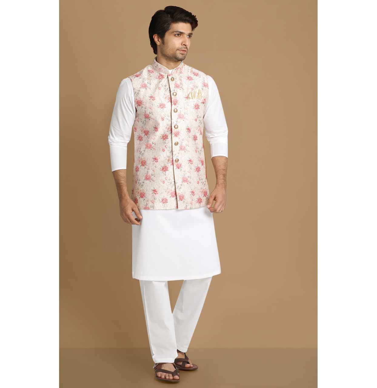 alt message - Manyavar Men Beige Jacket With Pink Floral Motifs image number 1