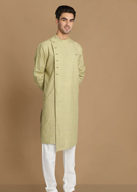 alt message - Manyavar Men Faded Green Side Open Self Design Kurta image number 1